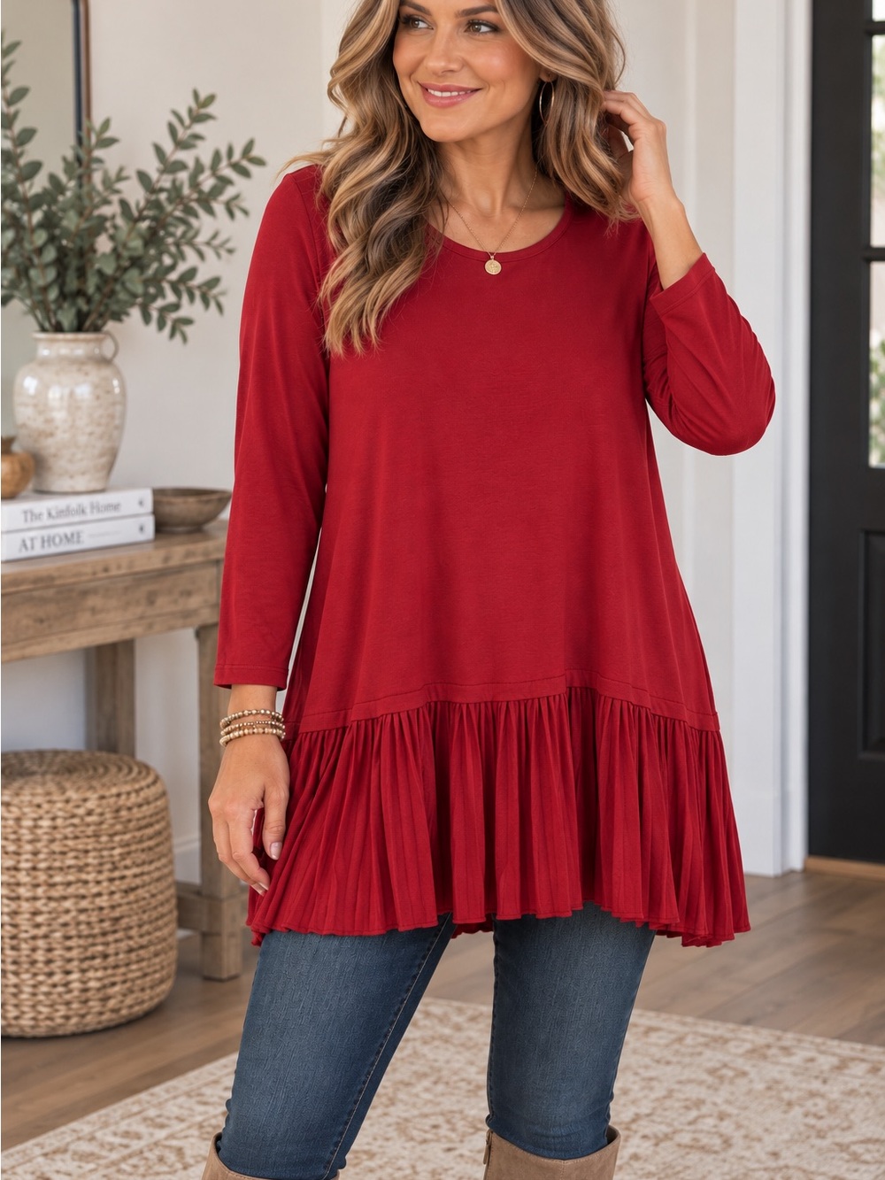 J.Jill XL Burgundy Red Pleated Ruffle Hem Tunic Top Long Sleeve